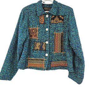 Alex Kim Tweed Patchwork Button Front Jacket Women’s Size L Artsy Art To Wear